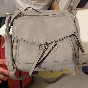 Grey Suede Crossbody Bag with Gold Rings